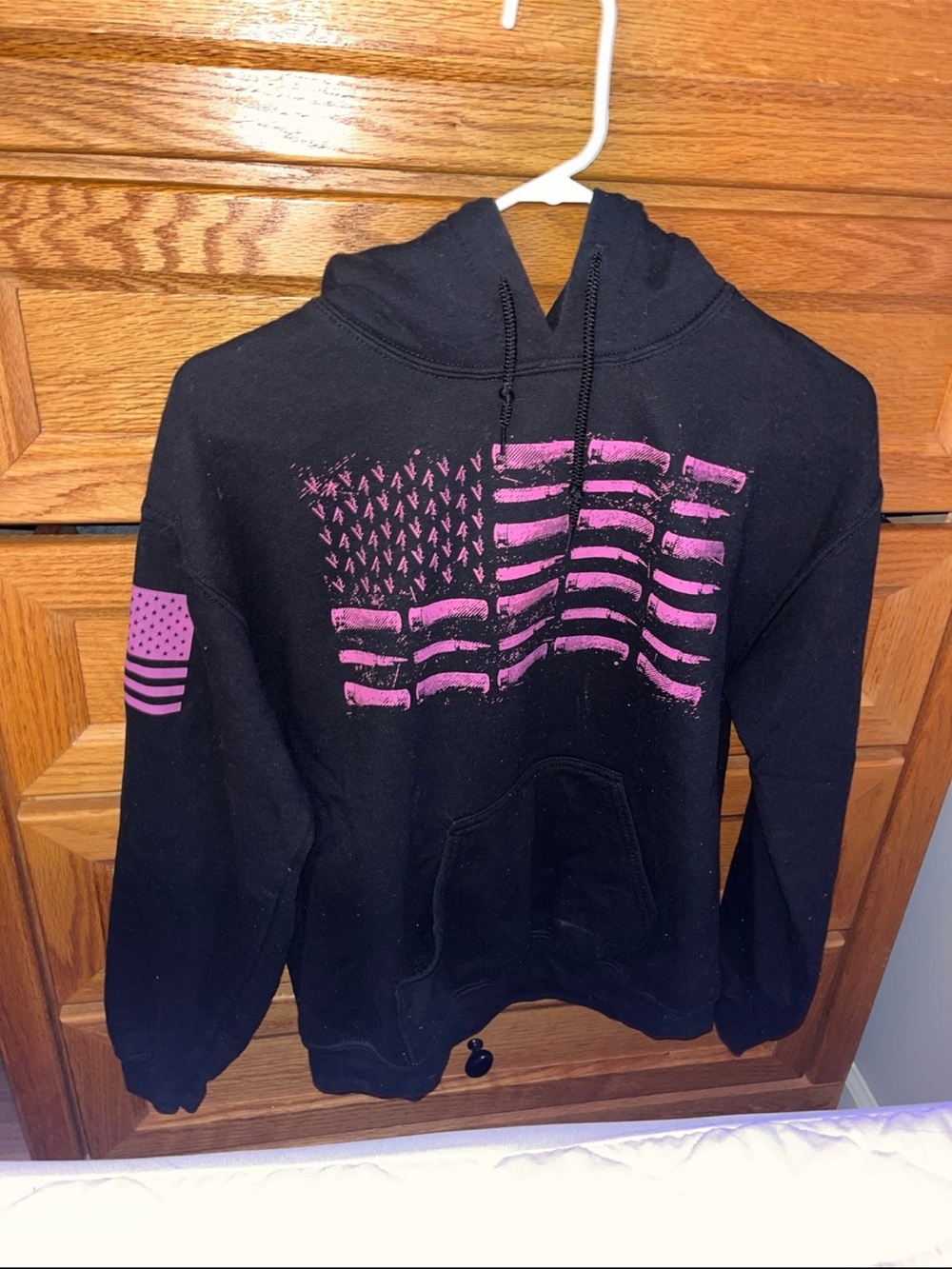 Black Hoodie with Pink Flag Graphic